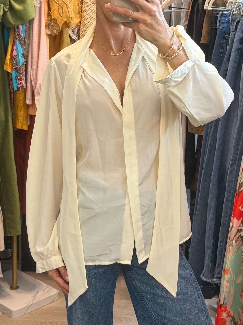 Vintage Women's Cream Tie-Neck Button Down Blouse
